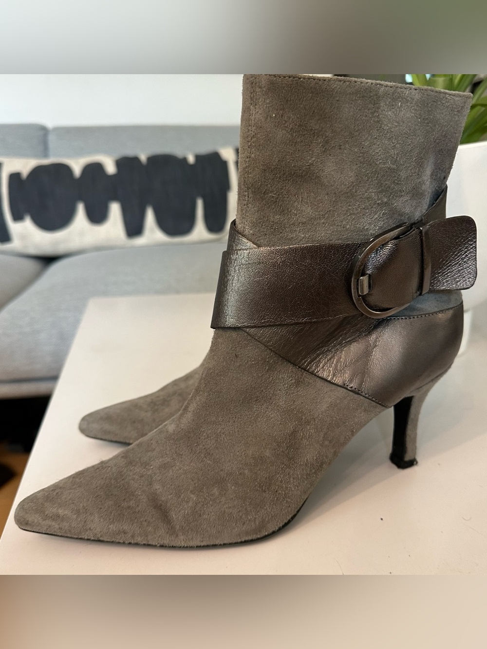 Diane B. Milano Couture Taupe Suede Ankle Boots with Buckle Strap Size 9